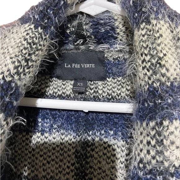 La Fee Verte Adult Sweater XS Blue Cream Plaid Eyelash Open Front Cardigan Women - Picture 3 of 7